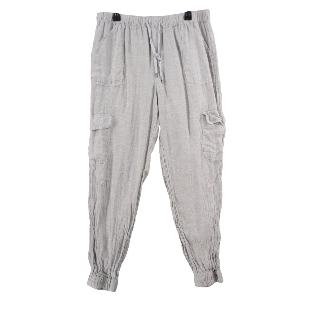 Womens Linen Blend Cargo Jogger Pants Gray Elastic Waist Drawstring Casual